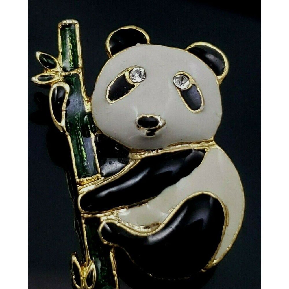 Vintage Panda Bear Brooch Pin On Bamboo Branch Rhinestone Eyes Gold Tone Enamel